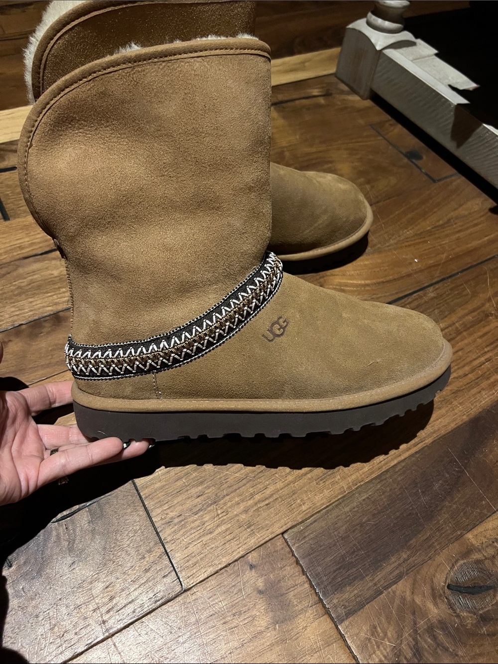 UGG Chestnut Brown Suede Shearling Short Boots with Decorative Trim